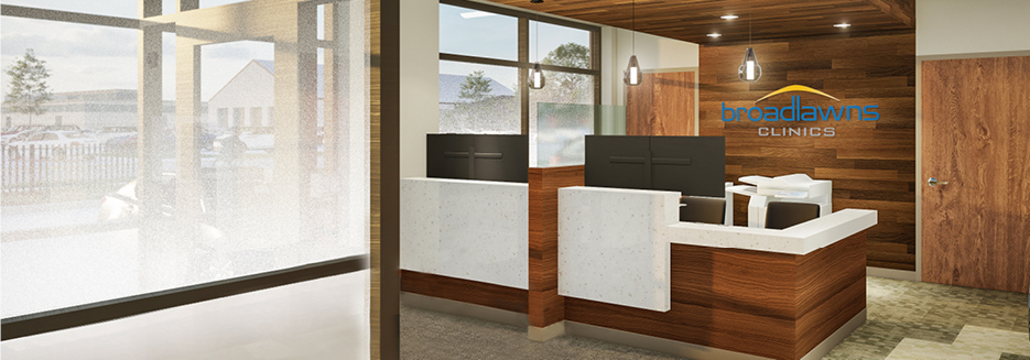 Rendering of check-in desk with wood paneling behind de